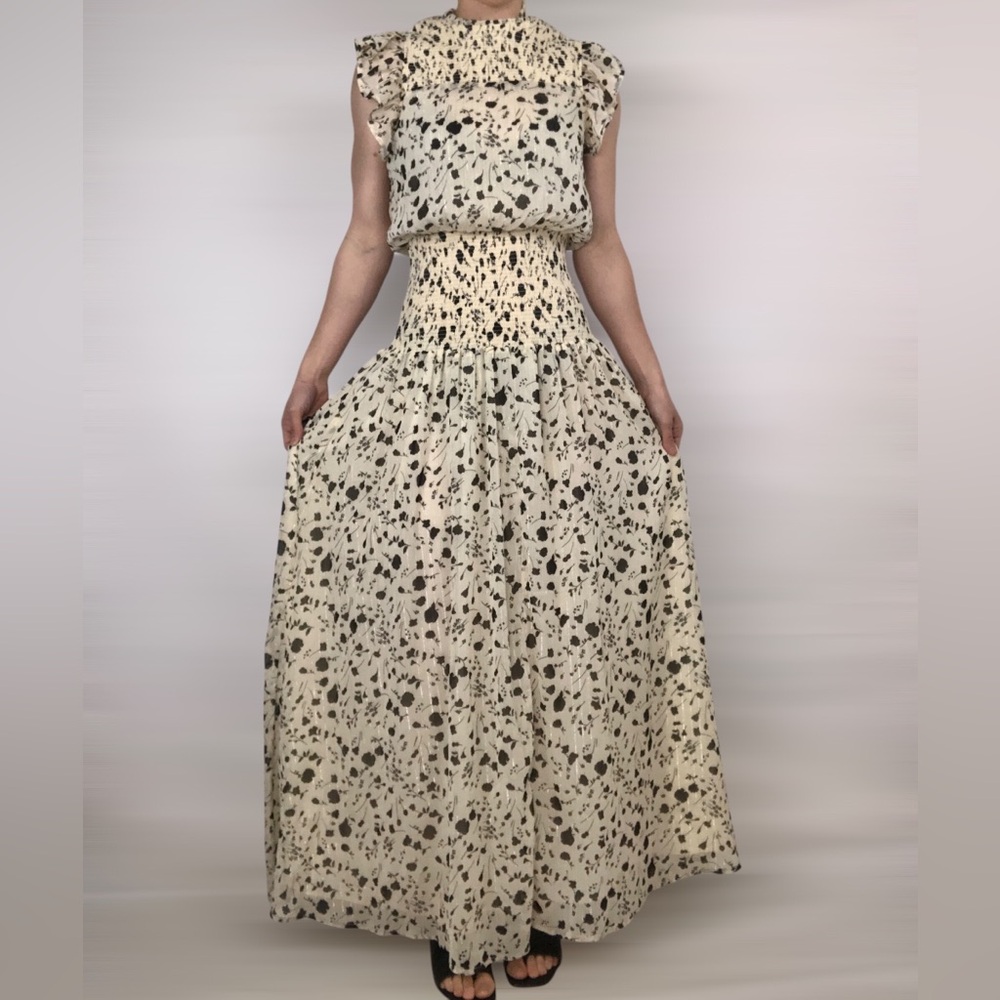 NWT Lulus Sweet Shimmer Cream Floral Print Smocked Maxi Dress Small - Picture 2 of 8